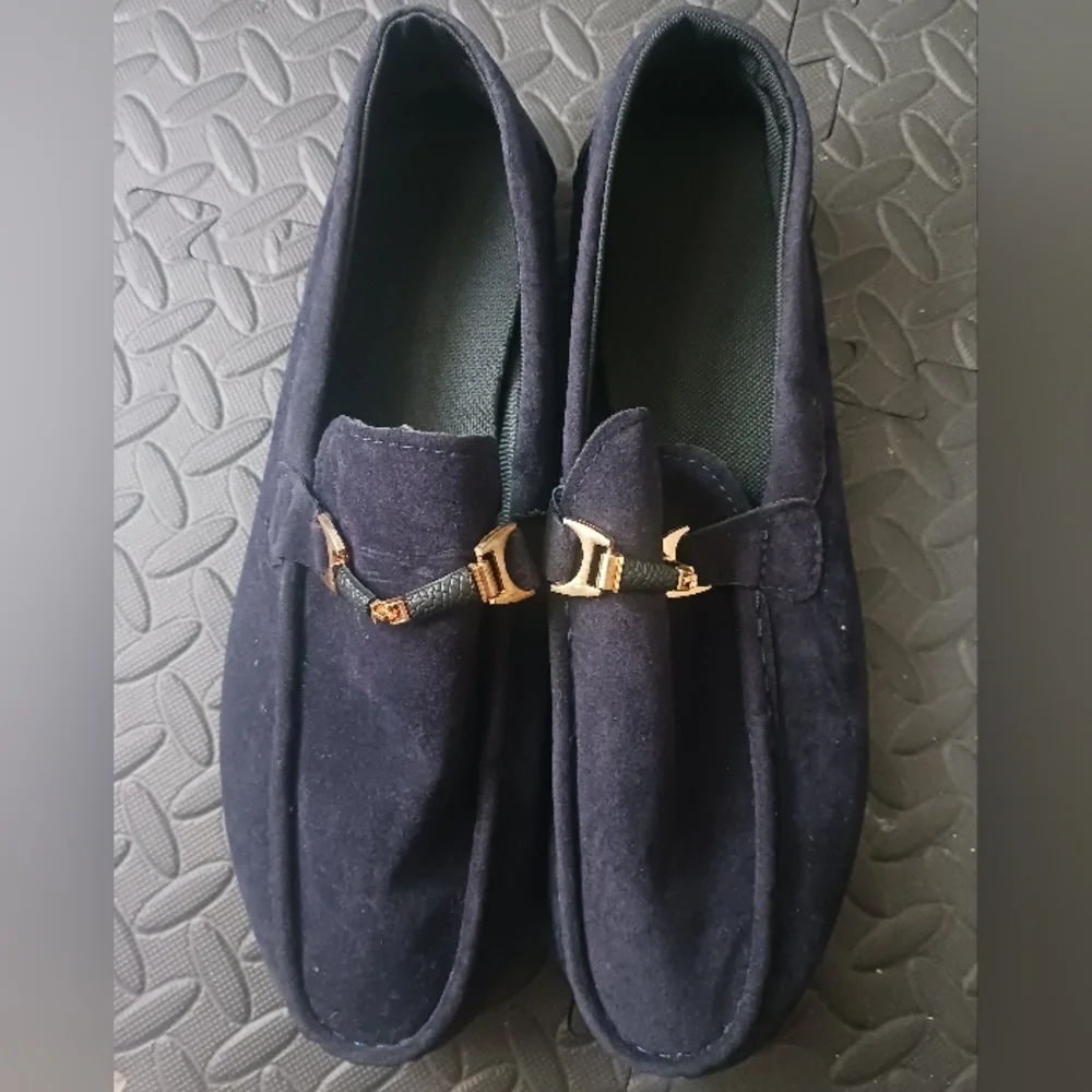 Men Navy Blue Belted Velvet Moccasins Shoes - Picture 2 of 11